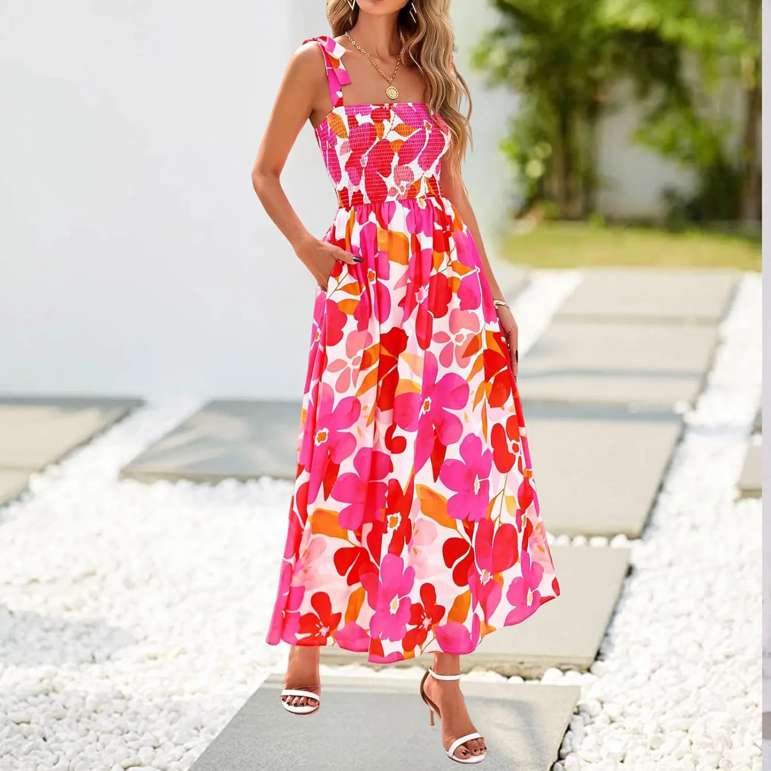 Women's Summer Floral Maxi Dress Spaghetti Strap Smocked Boho Beach Long Dress Sleeveless Ruffle Tiered Flowy Dresses