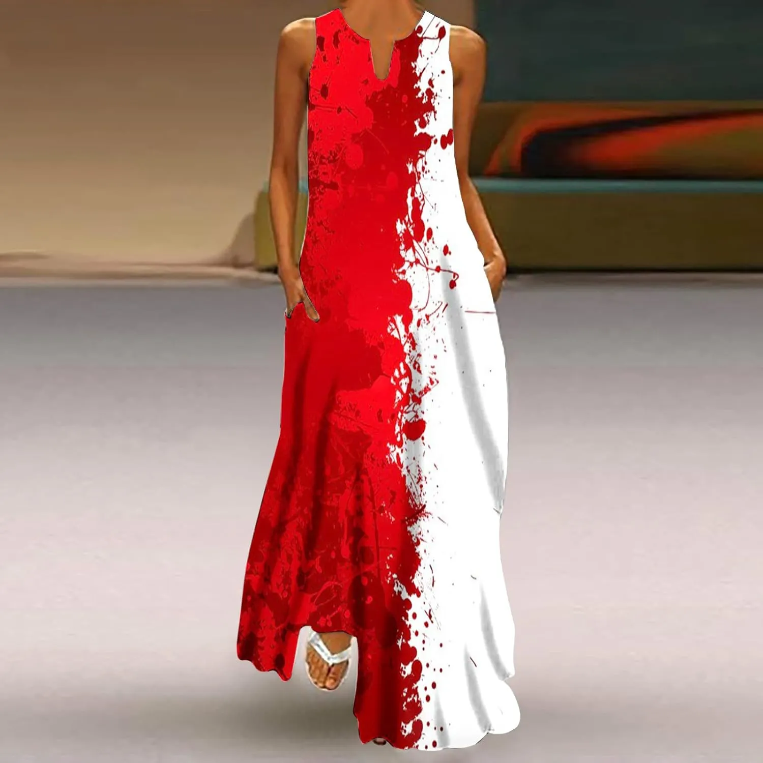 Womens Summer Maxi Dress 2024 Casual V Neck Floral Sleeveless Sun Dress Trendy Beach Vacation Long Flowy Dresses with Pocket