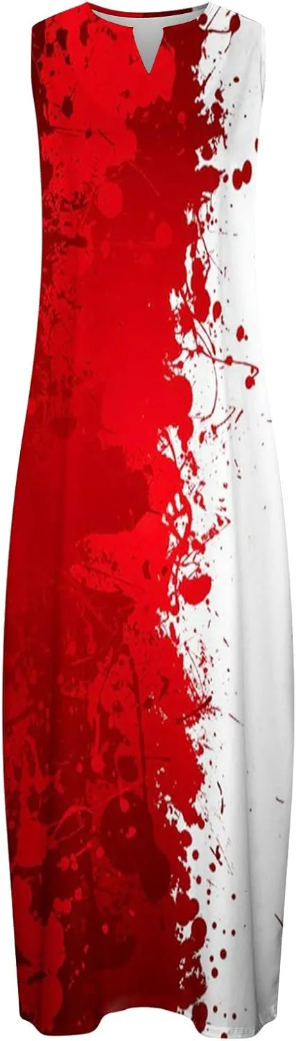 Womens Summer Maxi Dress 2024 Casual V Neck Floral Sleeveless Sun Dress Trendy Beach Vacation Long Flowy Dresses with Pocket