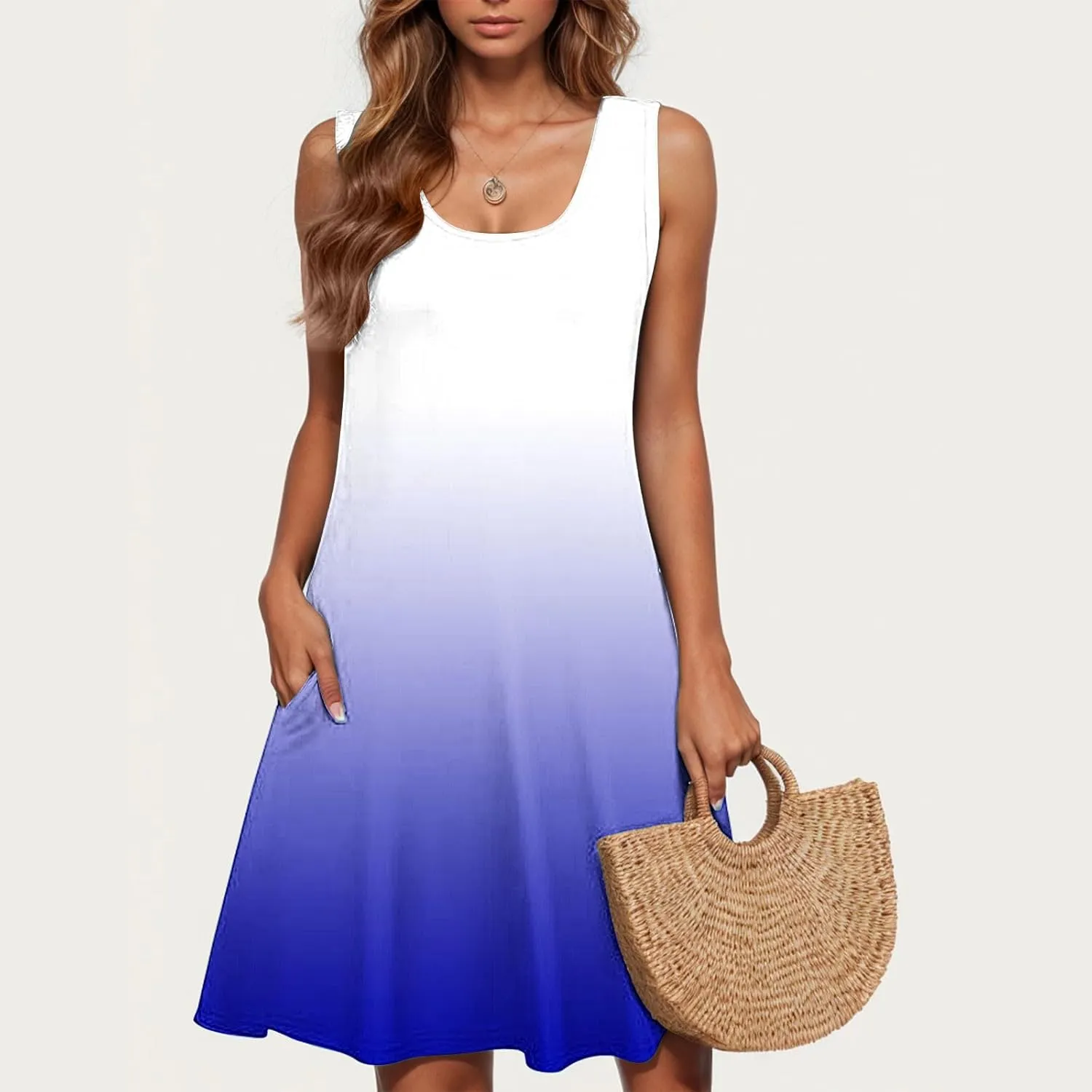 Womens Tie Dye Summer Dresses 2025 Gradient Loose Crew Neck Sleeveless Sundresses Fashion Color Block A-Line Dress