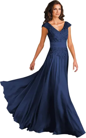 Women's V-Neck A-Line Lace Chiffon Mother of The Bride Dress Long Evening Gown with Pokcets 2023