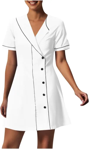 Women's V Neck Button Dresses Short Sleeve Dress Trending Vacation Casual Plus Size Midi Scrub Sundress 2025 New