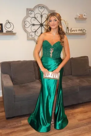 Wome's Satin Prom Dress Long Appliques Strapless Mermaid Formal Dresses Evening Gown with Slit