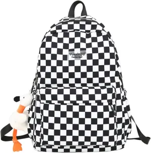 Y2K Aesthetic Checkered Backpack with Kawaii Pendant Checkerboard Backpack Cute Preppy Laptop Backpack Light Rucksack (One Size,Black)