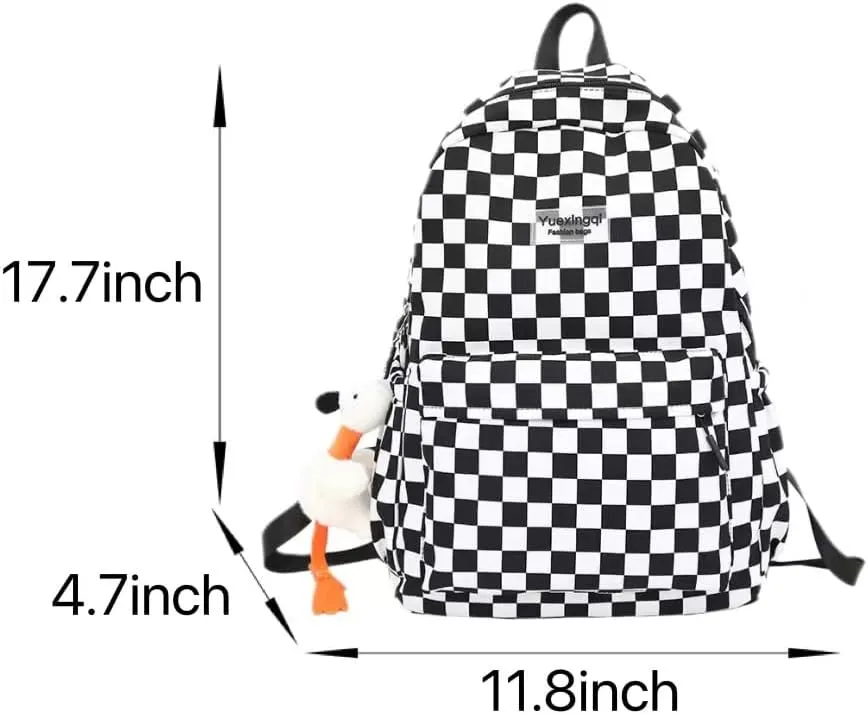 Y2K Aesthetic Checkered Backpack with Kawaii Pendant Checkerboard Backpack Cute Preppy Laptop Backpack Light Rucksack (One Size,Black)