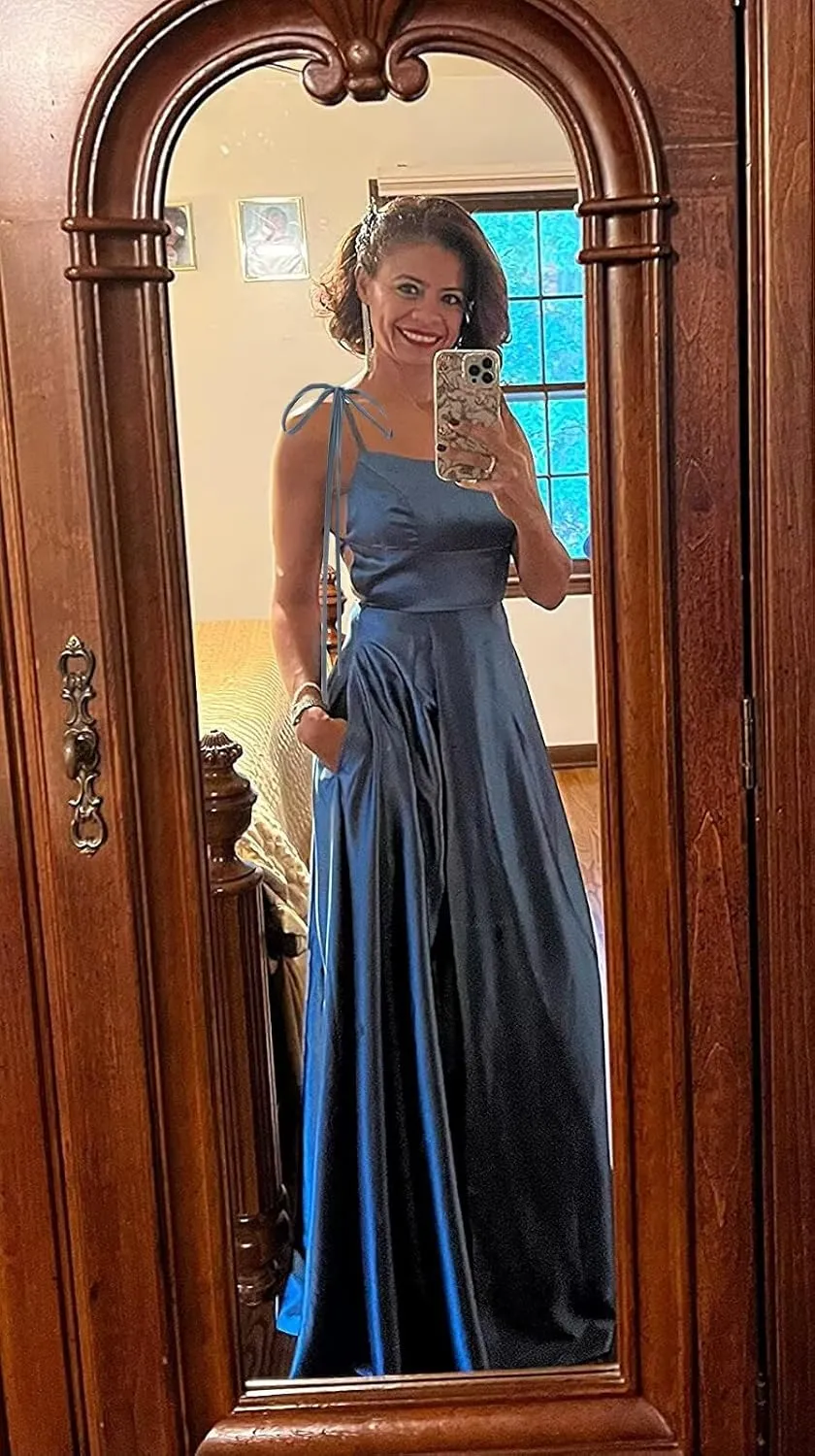 YMSHA Women's Satin Bridesmaid Dresses with Slit 2025 Long Satin A Line Formal Gowns with Pockets PM10