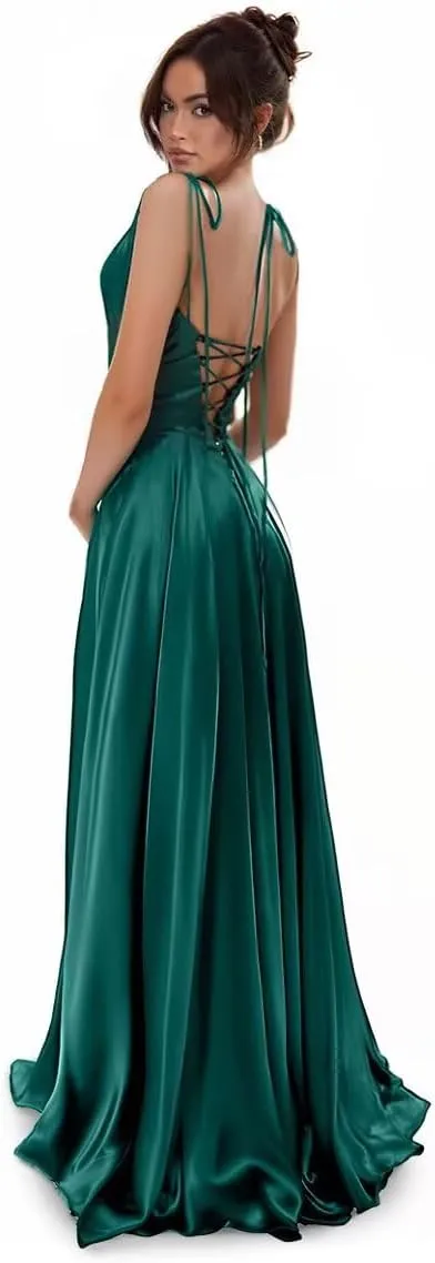 YMSHA Women's Satin Bridesmaid Dresses with Slit 2025 Long Satin A Line Formal Gowns with Pockets PM10