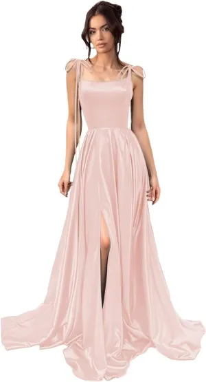 YMSHA Women's Satin Bridesmaid Dresses with Slit 2025 Long Satin A Line Formal Gowns with Pockets PM10
