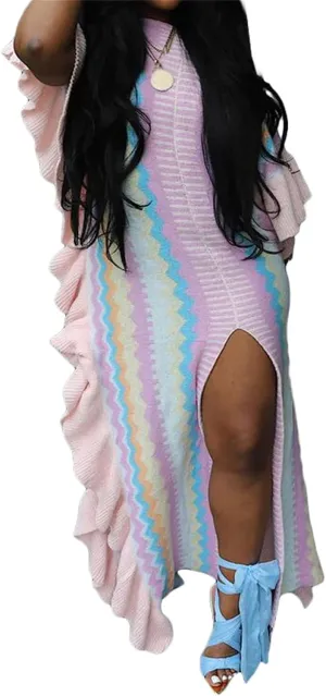 YOOTIKO Women Cable Knit Sweater Dress Sexy Slit Ruffle Striped Crochet Fall Casual Party Maxi Dress