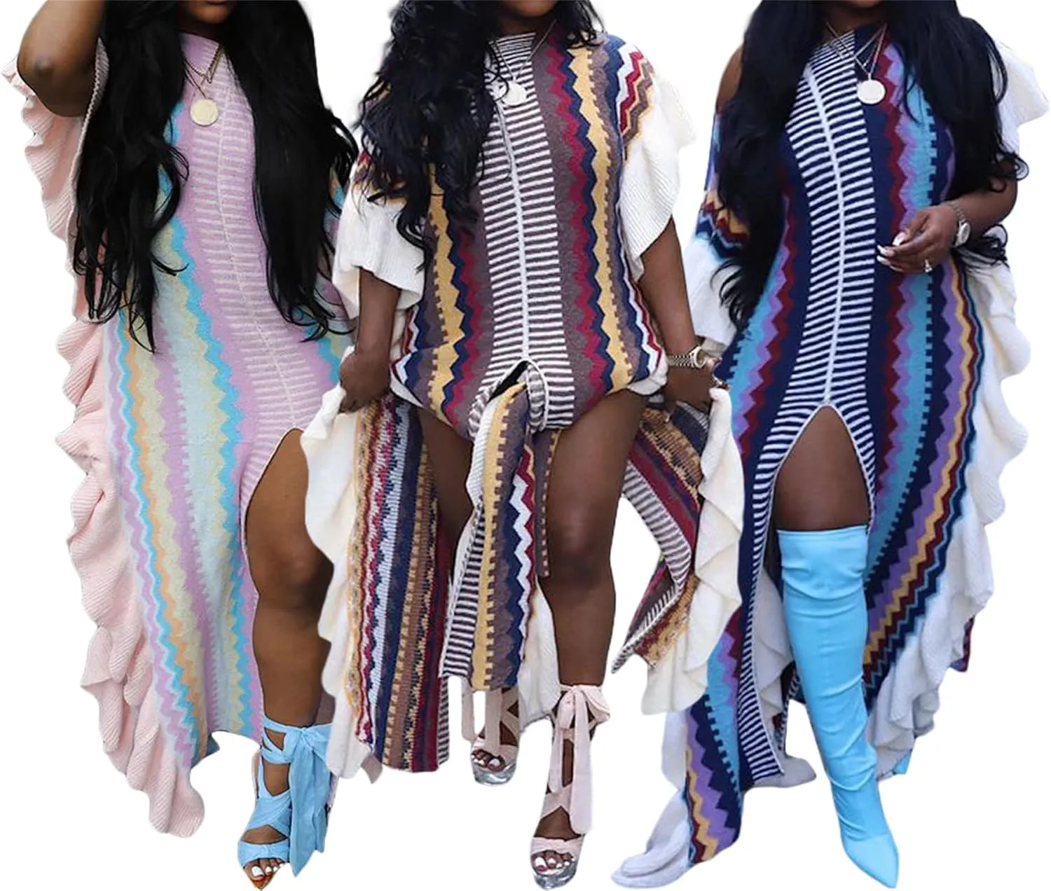 YOOTIKO Women Cable Knit Sweater Dress Sexy Slit Ruffle Striped Crochet Fall Casual Party Maxi Dress